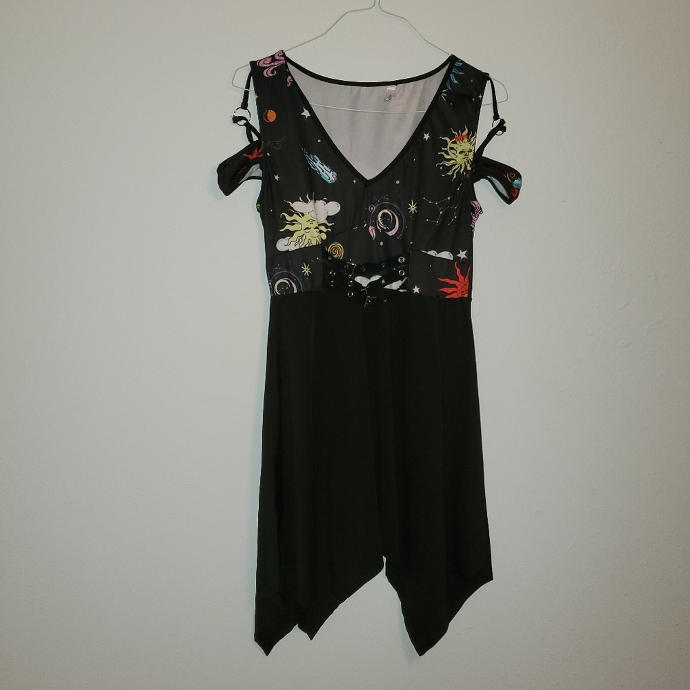 Celestial sun and moon asymmetrical black dress M